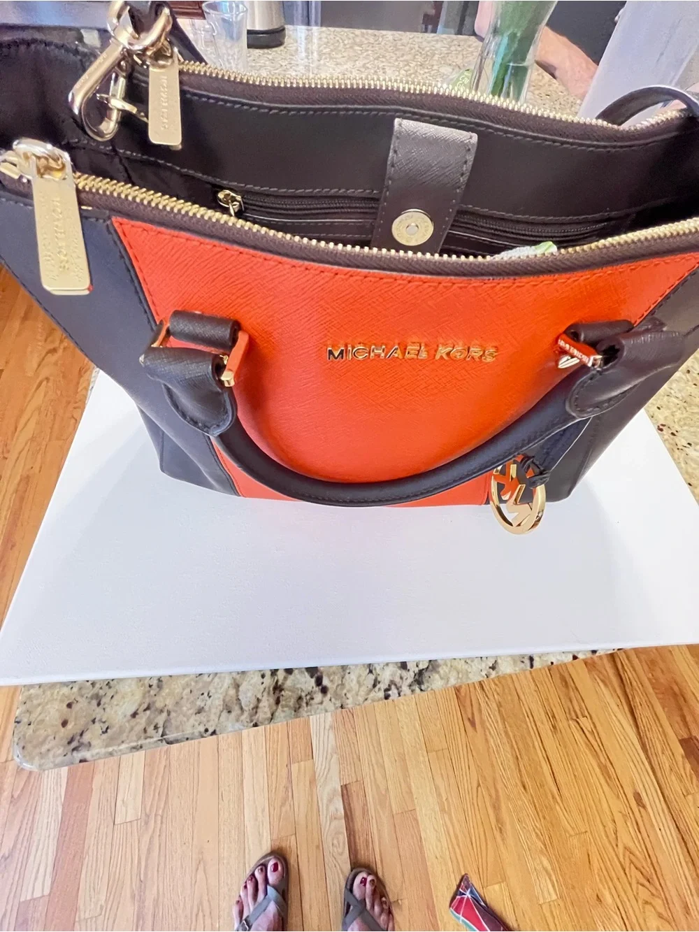 Michael Kors Orange and Brown Saffiano Leather Satchel with Gold Hardware